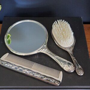 Vintage Mirror, Hair Brush And Comb Set, Vanity Set, Silver Plated, Beautician